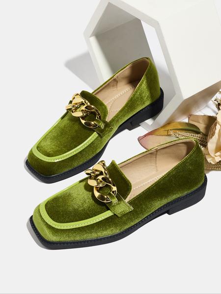 Women's Velvet Thick Sole Flat Square Toe Loafers, Retro Style Fall Fashion Shoes, Comfortable Slip-On Design for Daily Wear