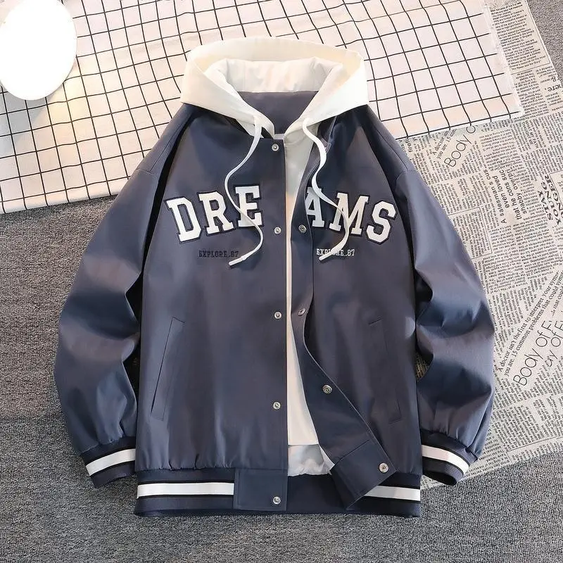 Hooded Letter Jacket with Embroidery and Striped Accent