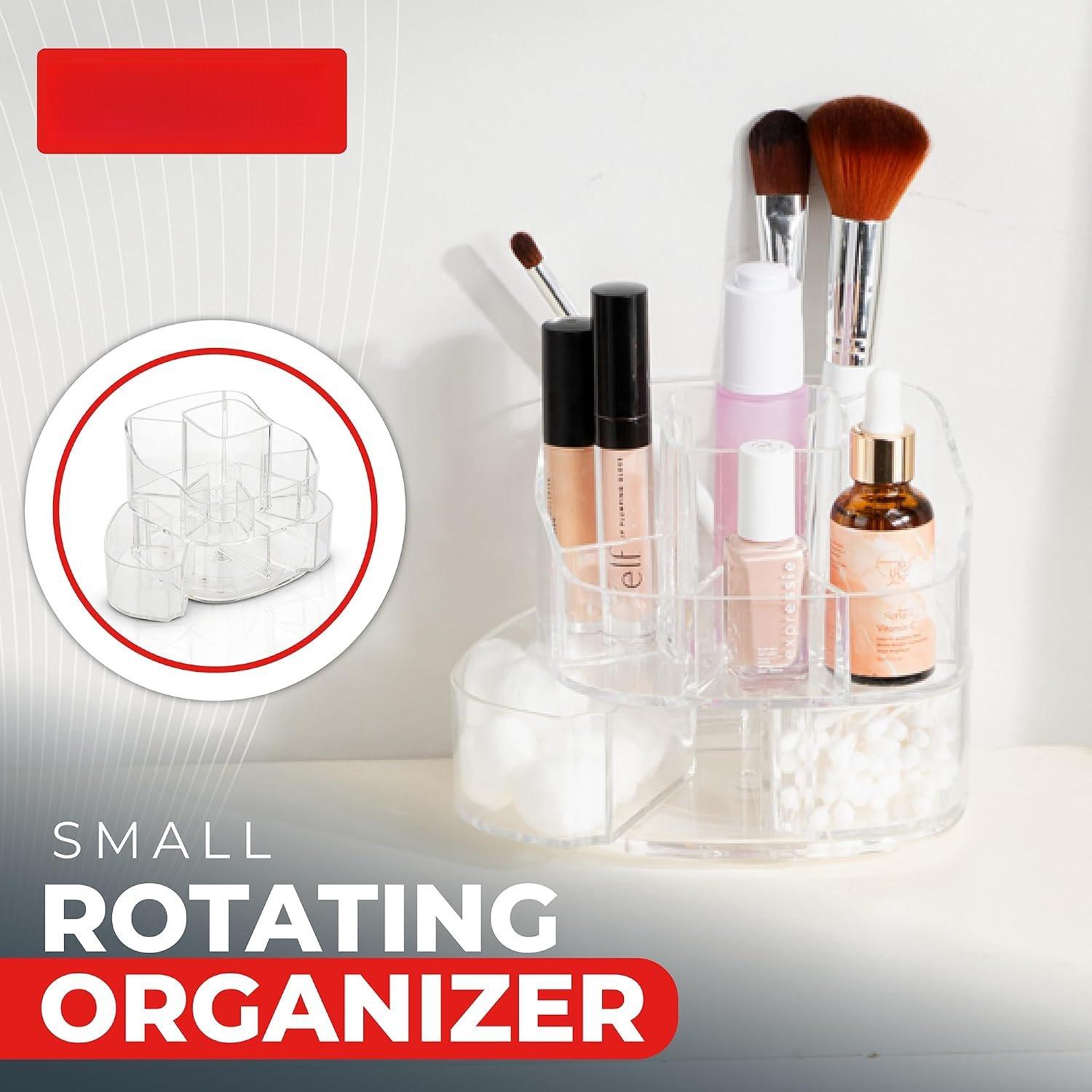 360- Rotating Makeup Organizer – Small   Storage  with 5 Compartments, Mini Lazy Susan  Organizer for Bathroom Counter, Skincare, Perfume, Brushes, Clear