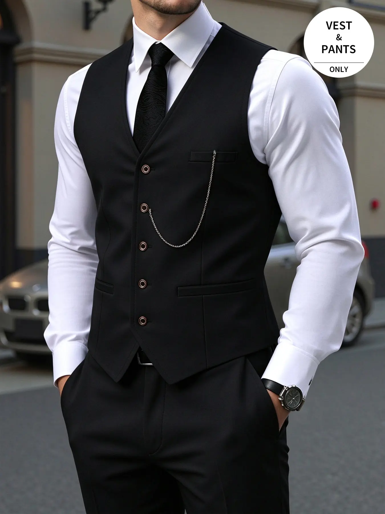 Men's Sleeveless Vest and Pants Set, Elegant Two-Piece Set with Metal Chain Detail, Slim-Fit Business and Formal Wear, Comfortable and Stylish