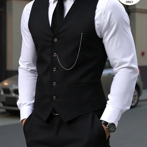 Men's Sleeveless Vest and Pants Set, Elegant Two-Piece Set with Metal Chain Detail, Slim-Fit Business and Formal Wear, Comfortable and Stylish