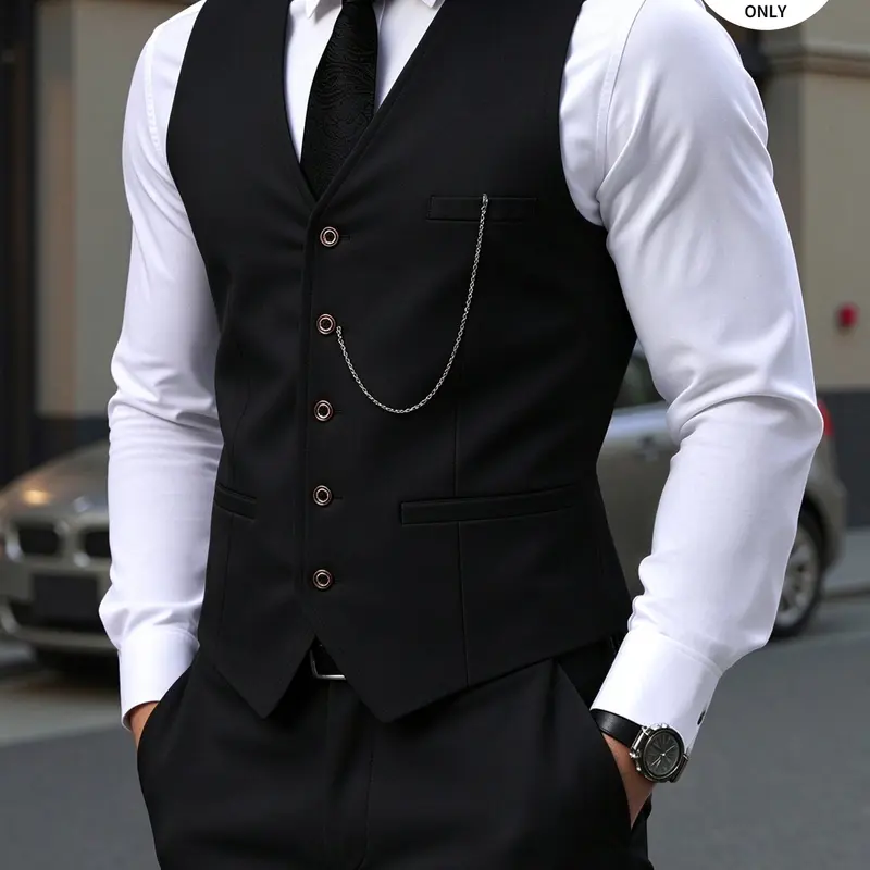 Men's Sleeveless Vest and Pants Set, Elegant Two-Piece Set with Metal Chain Detail, Slim-Fit Business and Formal Wear, Comfortable and Stylish
