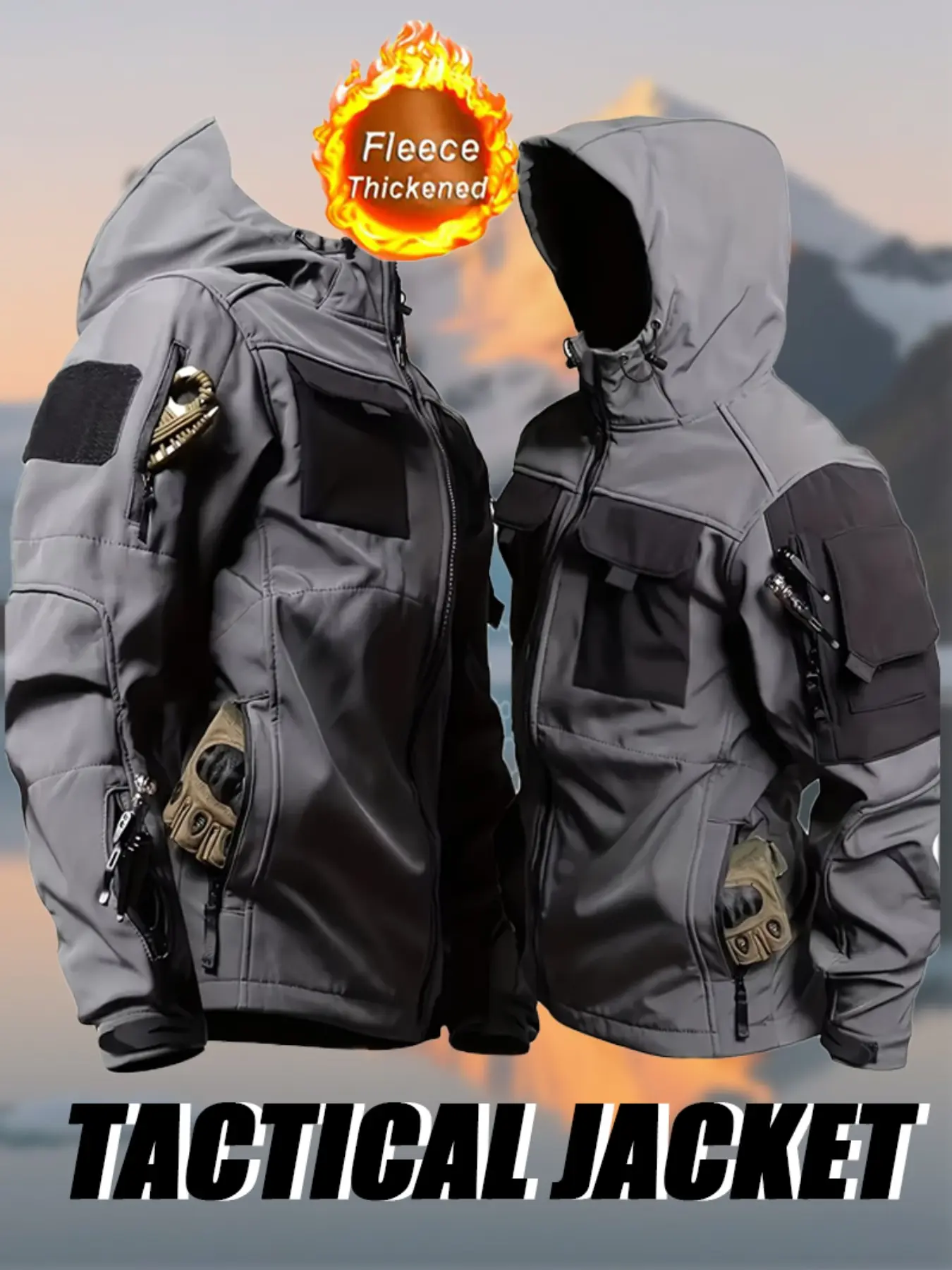 New autumn and winter men's tactical outdoor windproof full-zip jacket, with multiple pockets, fleece-lined and thickened for warmth, hooded, abrasion-resistant jacket for hiking, camping, fishing, and adventure.