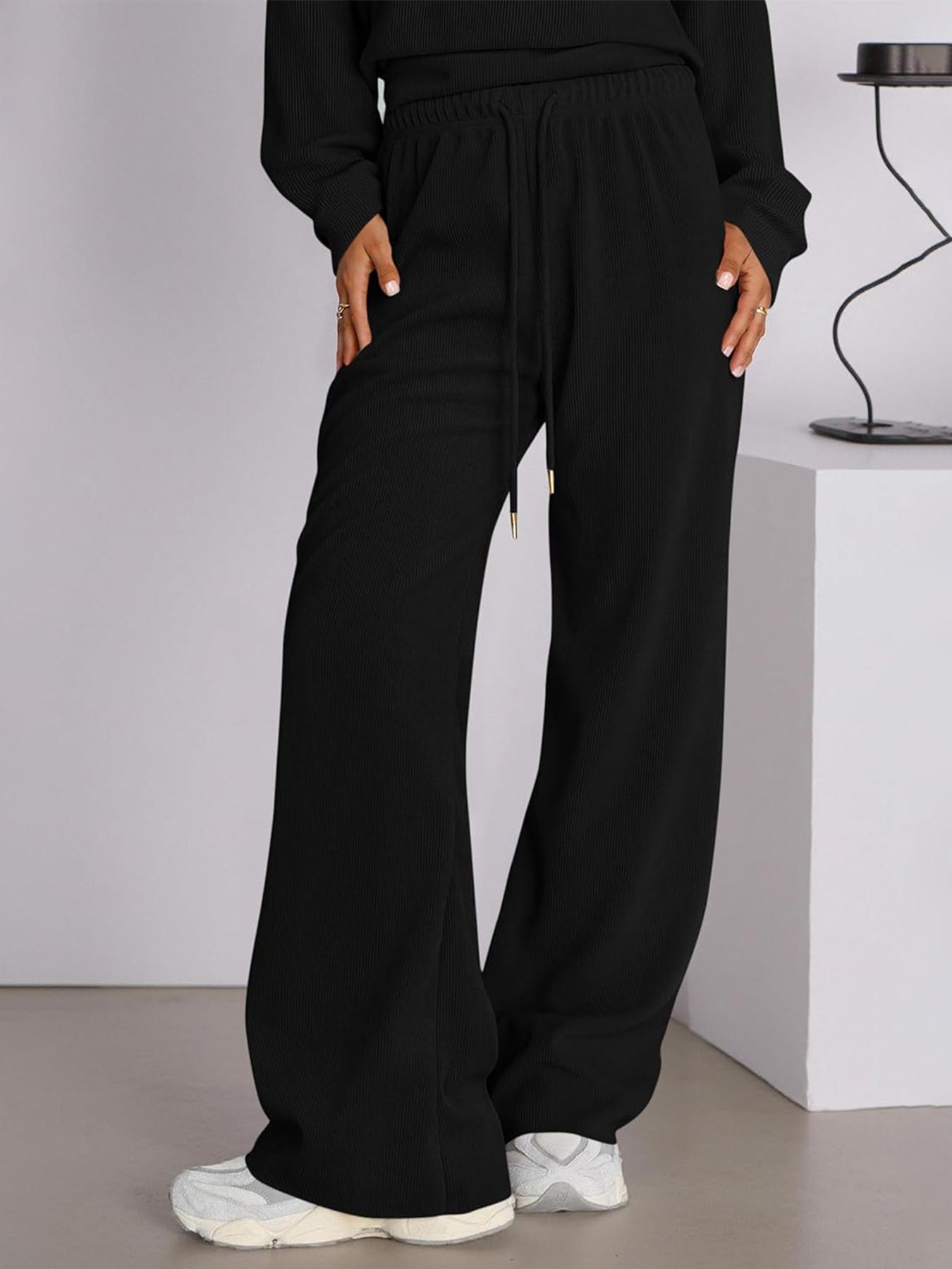 Women's 2 Piece Set Outfits Lounge Sets Ruched Short Sleeve Tops High Waisted Wide Leg Pants Tracksuit Sets, Elegant and casual high-round-neck long-sleeved basic two-piece set Casual Loungewear Set