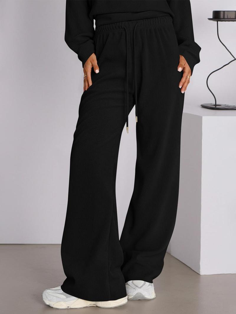 Women's 2 Piece Set Outfits Lounge Sets Ruched Short Sleeve Tops High Waisted Wide Leg Pants Tracksuit Sets, Elegant and casual high-round-neck long-sleeved basic two-piece set Casual Loungewear Set