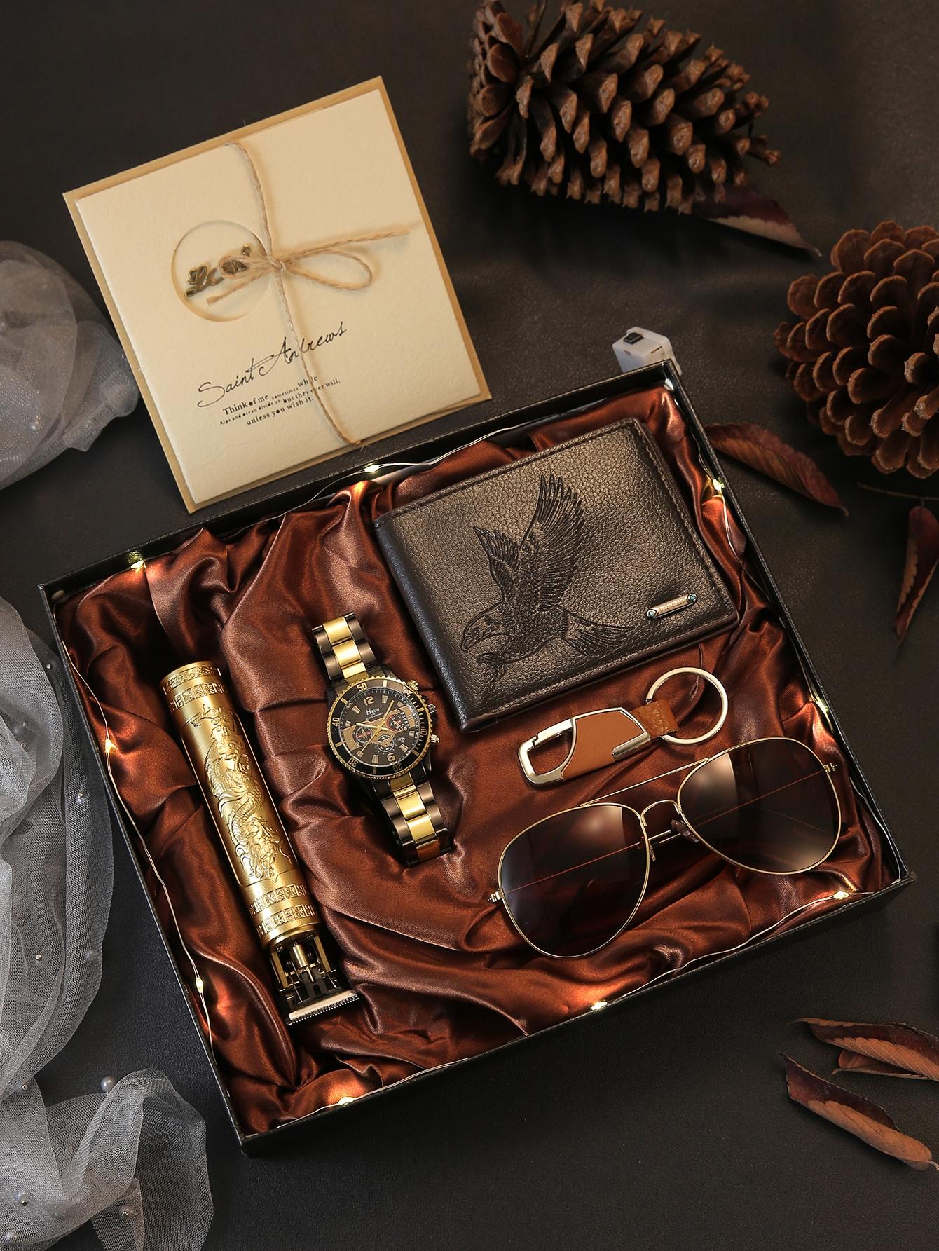 Men's Watch + Decorative Glasses + Hair Clipper + Wallet + LED Light Keychain + Greeting Card, Perfect Gift Set for Him, Perfect Gift Bundle, Surprise Gifts, Gift Idea, Man Gift Set, Accessories Men's Watch + Decorative Glasses + Hair Clipper + Wallet + LED Light Keychain + Greeting Card, Perfect Gift Set for Him, Perfect Gift Bundle, Surprise Gifts, Gift Idea, Man Gift Set, Accessories