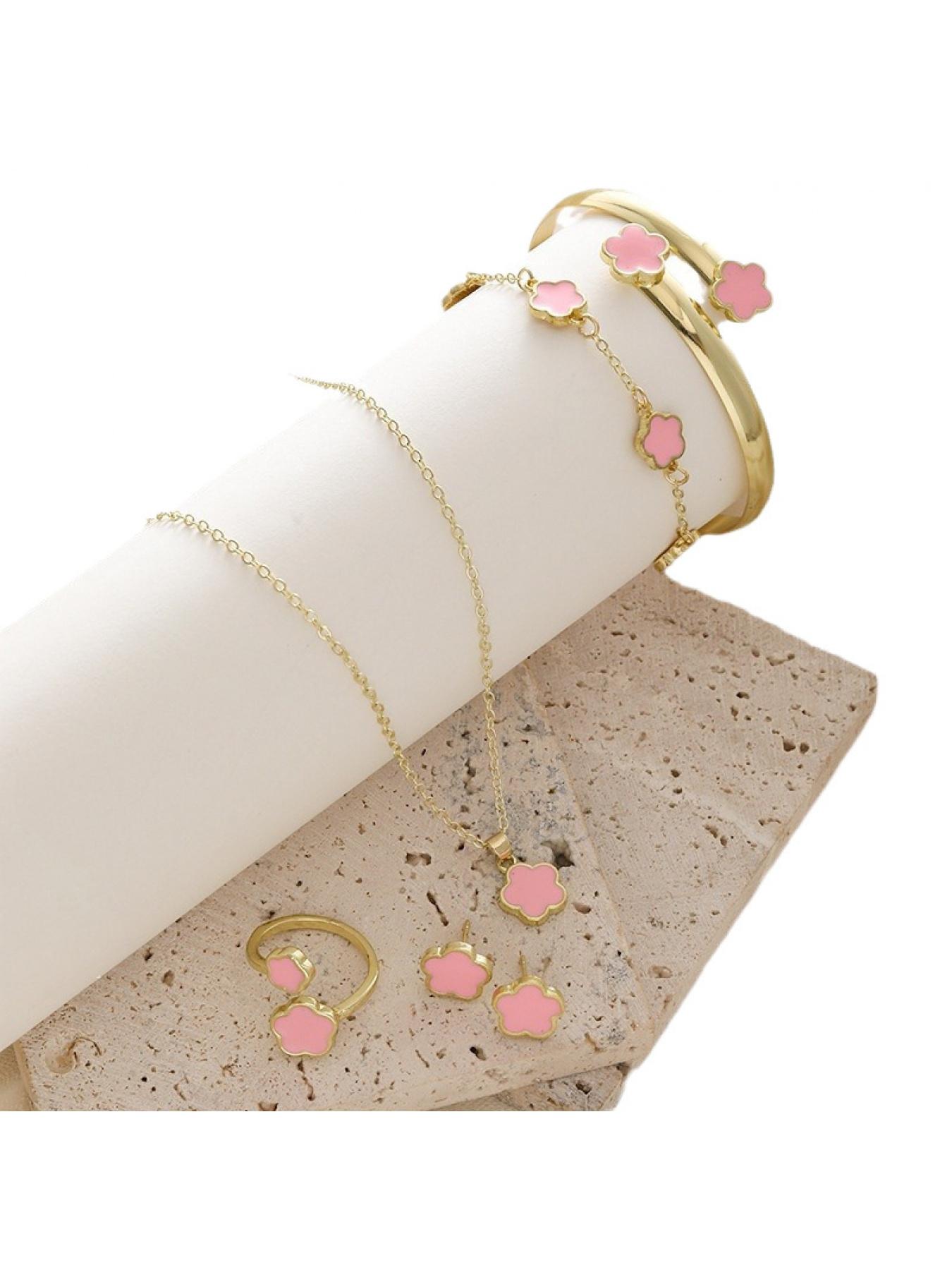 Flower Design (5-piece set), 2025 Summer Clothing Women's Solid Color Bracelet Necklace Bracelet Ring Bracelet, Party, Daily Clothing Decoration, Birthday Gift Jewelry, Party Preparation Bracelet, Fashion Bracelet