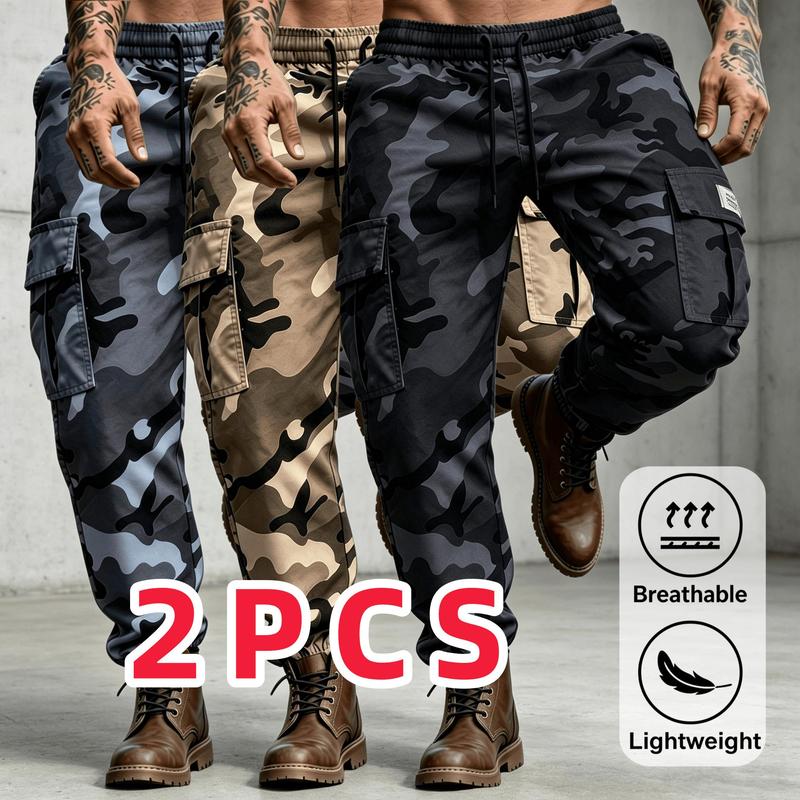 3PC Men's Sports Camouflage Work Pants, Loose Fit, Ankle Design, Drawstring Waist, with Large Camouflage Pockets, Suitable for All Seasons