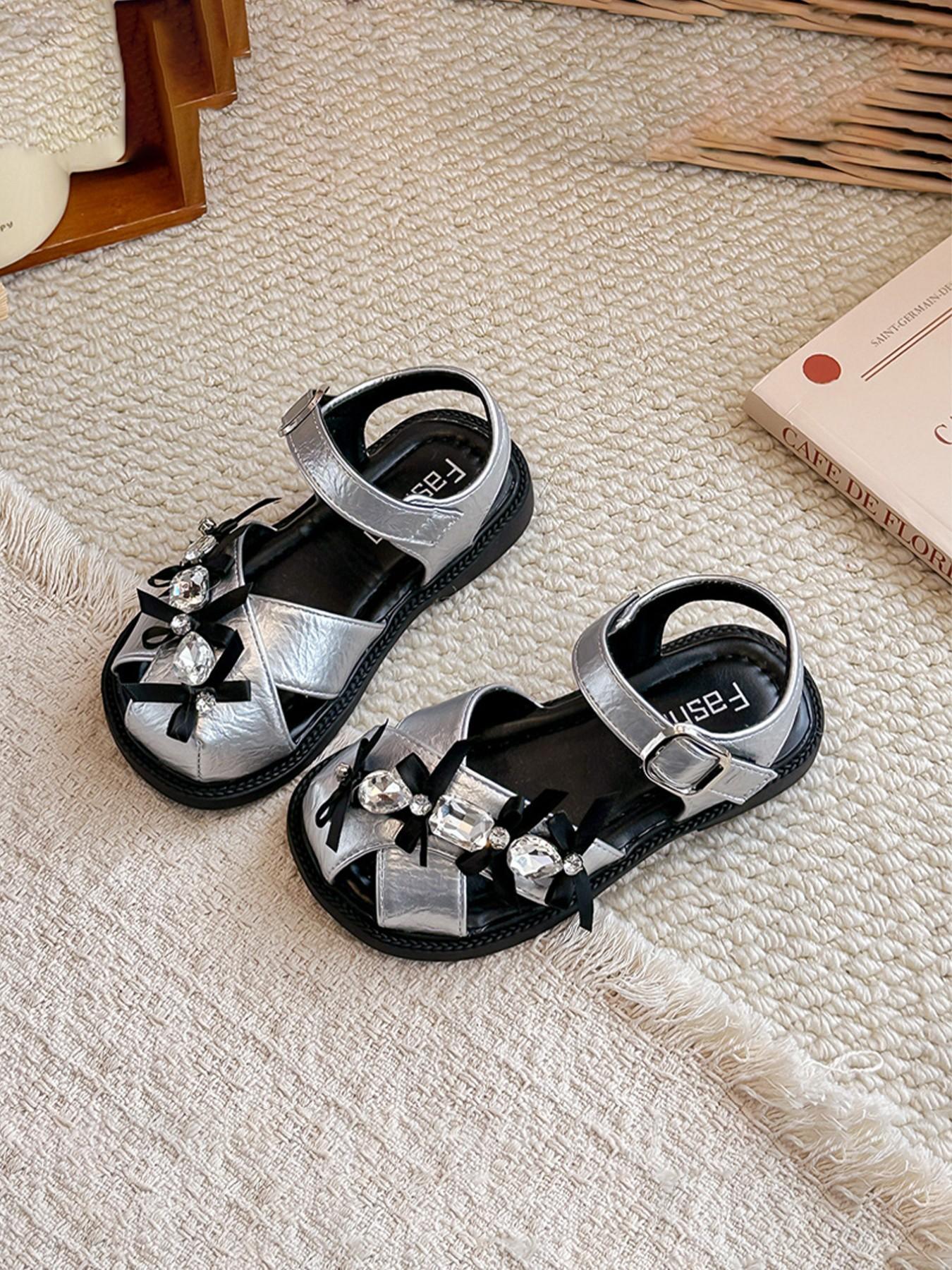 Girls' Closed-Toe Sandals, Soft Sole Anti-Slip, Rhinestone Bow, Velcro Closure, Ages 2-12, Comfortable Summer Footwear