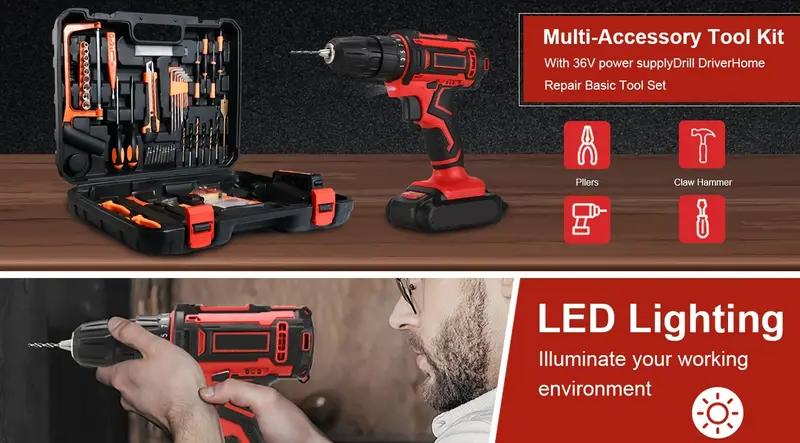 Tool set, electric drill set, cordless electric drill set, household tool set, cordless impact wrench, hand tool set, cordless electric screwdriver set - ratchet screwdriver set, cordless electric drill, easy-to-use Valentine's Day gift