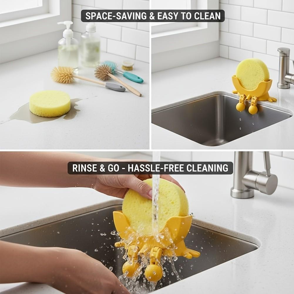 Smiley Dish Sponge Holder, Hinge Joint Adjustable Kitchen Sink Bathroom Sponge Rack, Drainage Slot Countertop Storage Box