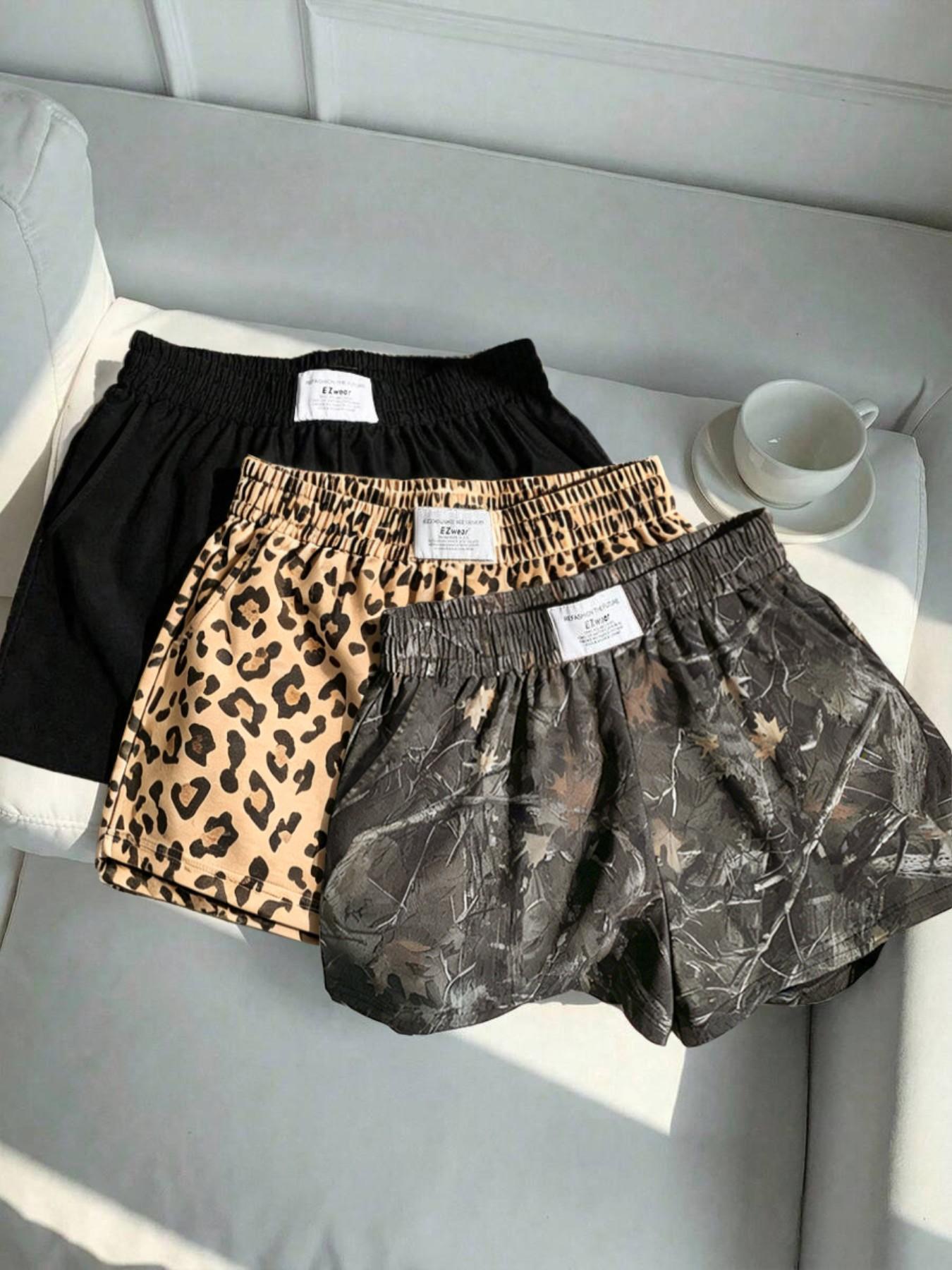 3-Pack Women's Summer Casual, Fashion, Elastic Waistband Shorts: Leopard Print + Solid Color – Comfortable, Loose Fit. Soft fabric, slant pockets, letter tag design. Suitable for daily light exercise, going out, home wear