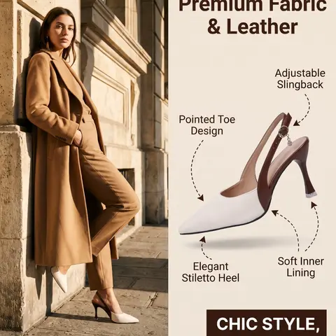 New Arrival Women's Slingback High Heels - Classic, Pointed Toe, Brown Trim & Metal Chain Detail, Comfortable Stiletto for Office & Party, Elegant Sandals, Slimming Silhouette, Durable Material Footwear, Chain Decorated Sandals, Embellished Sandals