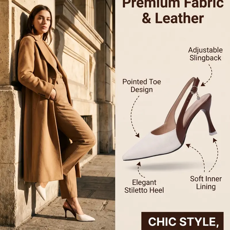 New Arrival Women's Slingback High Heels - Classic, Pointed Toe, Brown Trim & Metal Chain Detail, Comfortable Stiletto for Office & Party, Elegant Sandals, Slimming Silhouette, Durable Material Footwear, Chain Decorated Sandals, Embellished Sandals