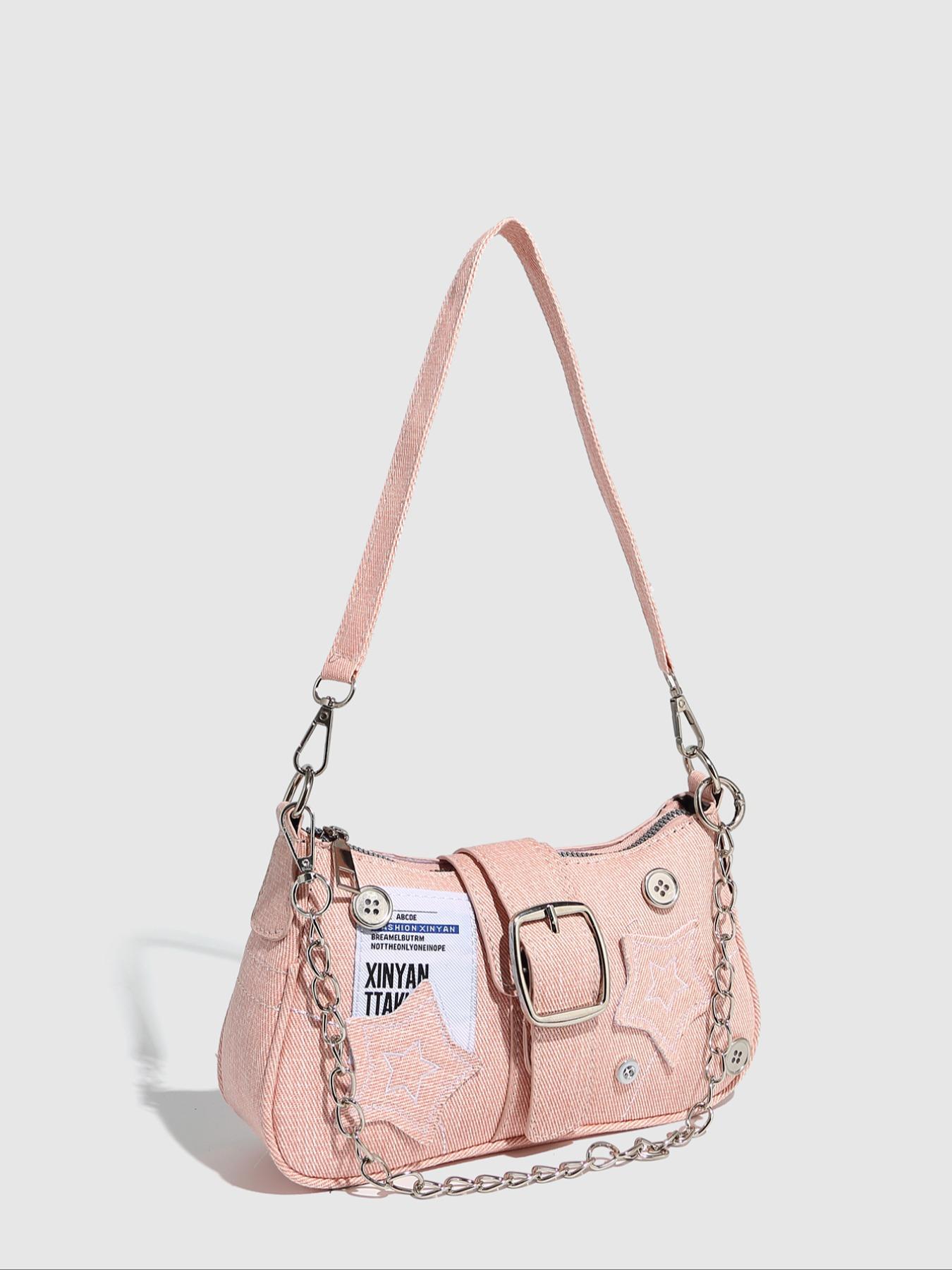 Women's Fashionable Star Patched Shoulder Bag, Vintage Y2K Style Chain Decor Underarm Bag for Daily Used, Casual Trendy Versatile High-quality Daily Commuting Bag, Crossbody Chain Bag