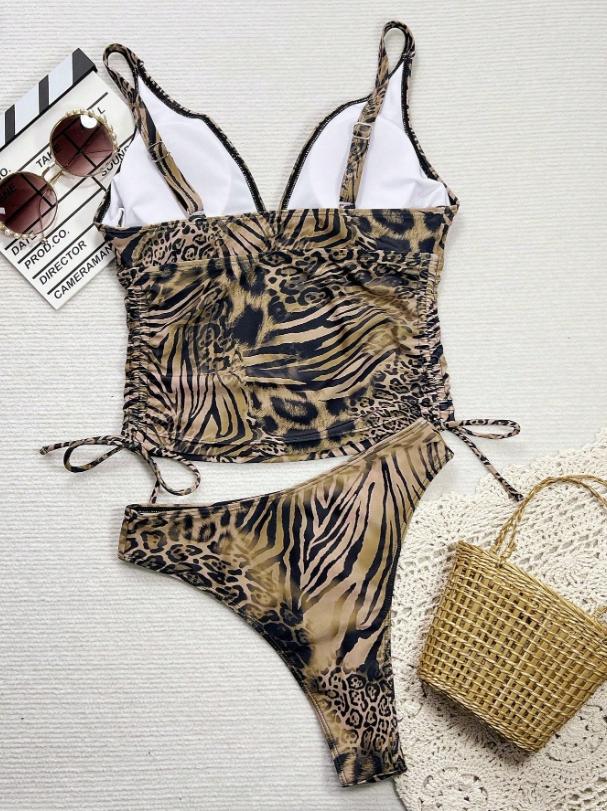 Women's Leopard Print Two-Piece Swimwear Set, Deep V Backless Ruched Tankini, Casual Summer Beach Swimsuit, High Cut Shorts