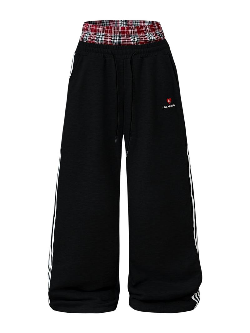 Men's Baggy Sweatpants High Waisted with Plaid Waistband, Trendy Wide Leg Lounge Pants, Casual Streetwear Joggers with Side Stripes