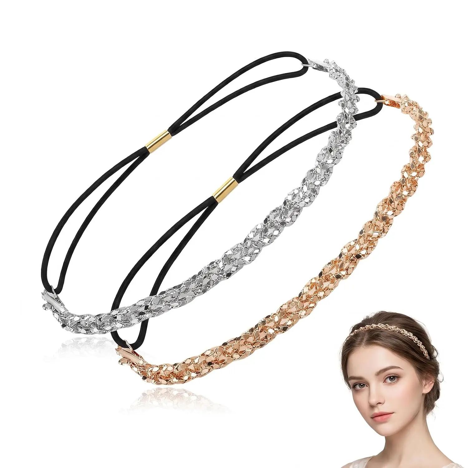 2 Pcs Sparkly Rhinestone Headbands for Women, Gold & Silver Elastic Crystal Head Chain, Vintage 70s Boho Hair Accessories for Wedding Prom Party Festival Dancing Costume