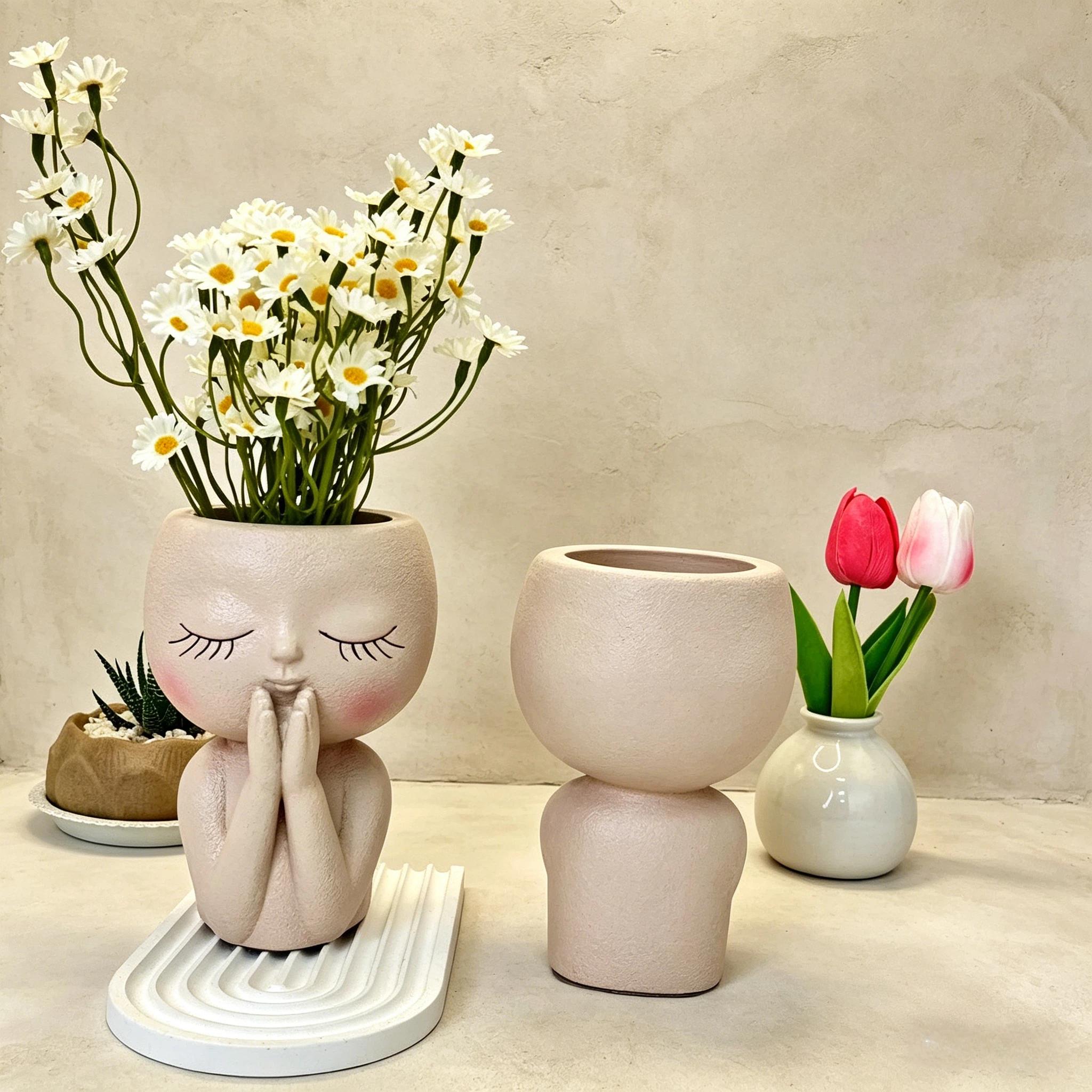 Closed Eyes Girl Vase Resin Decorative Piece, Nordic Style Creative Desktop Floral Decoration, Home Soft Furnishing Essential