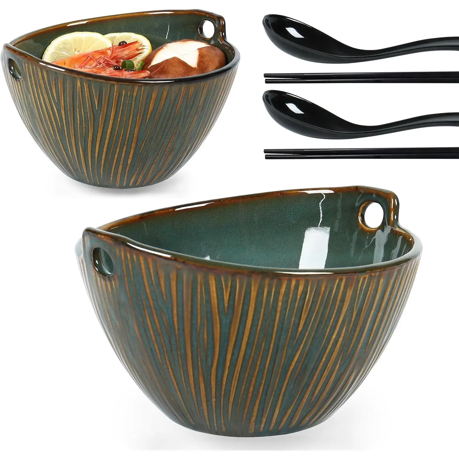 Ceramic Ramen Bowl with Chopsticks and Spoons Set, 6.7 Inch Noodle Bowl Set for Pho Udon Soba, Set of 2 ( Blue)