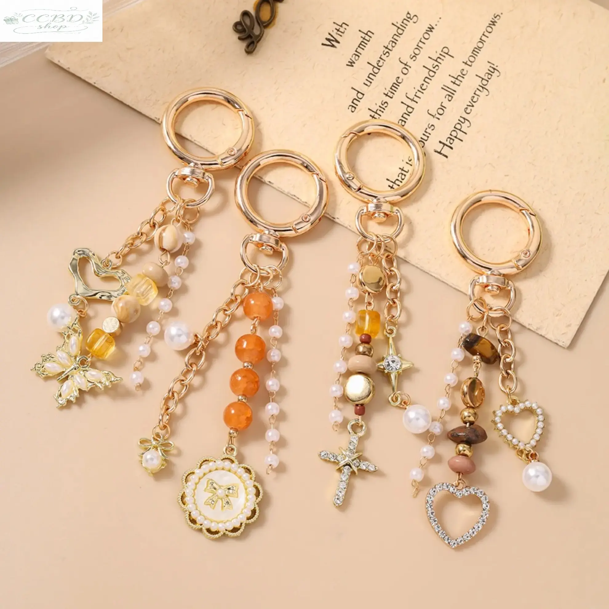 Beaded Wristlet Keychain for Women, Y2K Bag Charm with Butterfly, Heart, Cross & Disc Pendants, Cute Multi-Charm Wrist Strap for Purse, Handbag, Backpack & Car Keys