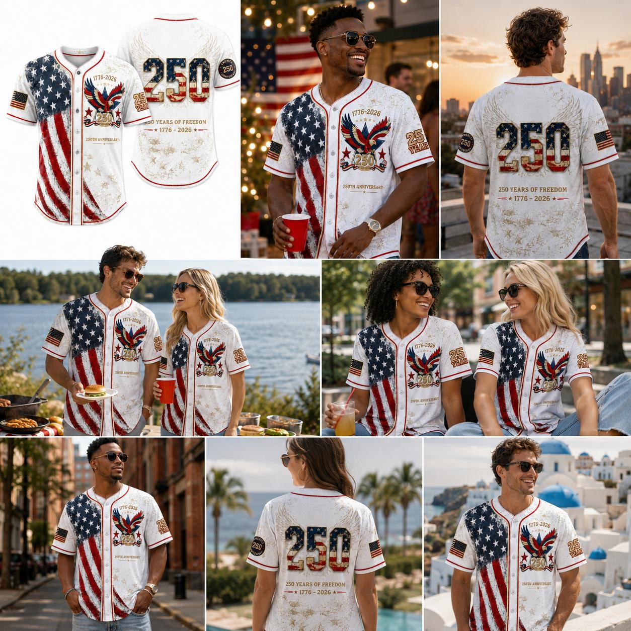Men's USA 250th Anniversary Baseball Jersey Patriotic American Flag Eagle Button Down Shirt 1776-2026, Vintage Distressed 4th of July Independence Day Graphic Tee, Unisex Casual Sports Top for Men Women, White