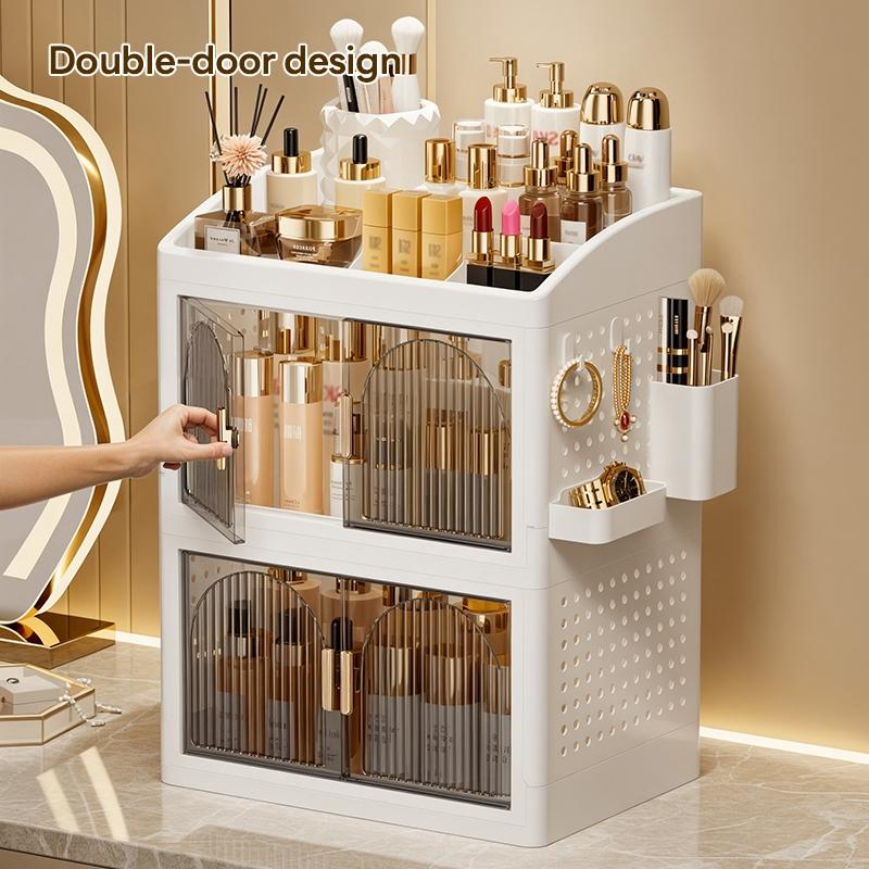 33cm*24.5cm Small Capacity Plastic Storage Cabinet, Magnetic Transparent Double Door, Organizer for Cosmetics and Small Items, Durable and Stylish
