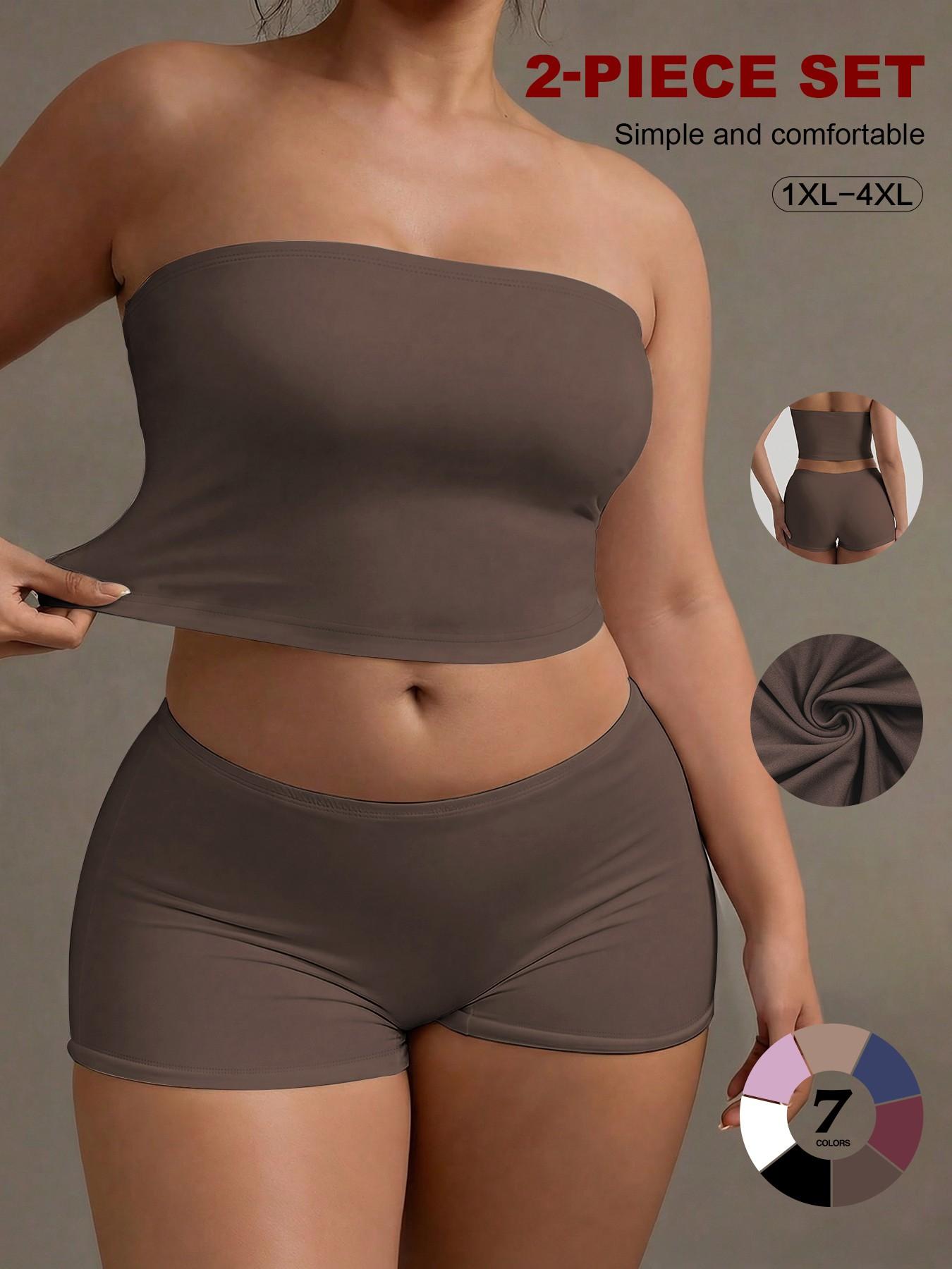 Plus Size 2 Piece Basic Tube Top and Shorts Set, Soft Stretch Strapless Lounge Set, Comfortable and Stylish, Perfect for Relaxing at Home, Womenswear