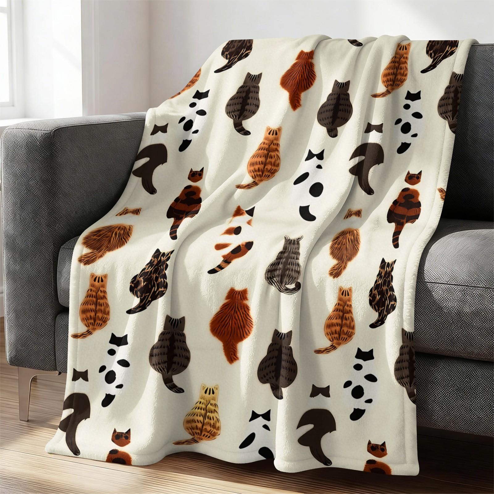 Cute Cat Back Print Flannel Throw Blanket, Soft Warm Fleece Blanket for Couch Bed Sofa, Cozy Plush Gift Blanket with Funny Cat Pattern, Lightweight Decorative Blanket for All Seasons, Perfect Gift for Cat Lovers, Friends & Family