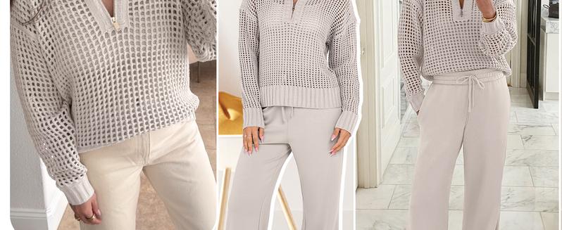 ANRABESS Womens 2 Piece Outfits 2025 Fall Crochet Knit Half Zip Sweater Top Wide Leg Pant Travel Matching Sets Lounge Clothes