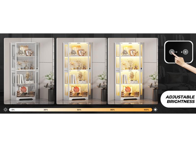 BROTTAR Corner Display Cabinet with Glass Doors, 65" Lighted Curio Display Case with 3 Color Lights for Collectibles, 4-Tier Corner Display Case with Human Body Sensor for Living Room,Large Storage Capacity, White