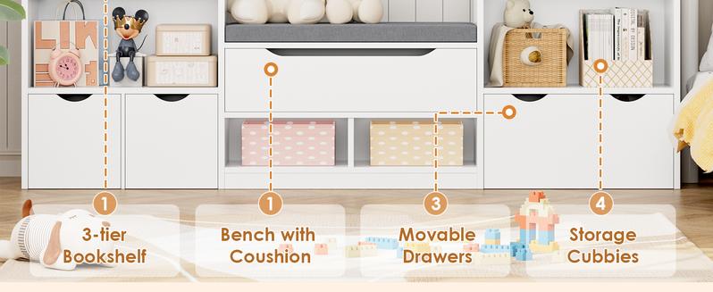 FOTOSOK 72'' Kids Bookshelf with Reading Nook, Large Toy Storage Organizer with Seat Cushion and 3 Movable Drawers, Kids Reading Nook Toy Organizers and Storage with Bench for Playroom