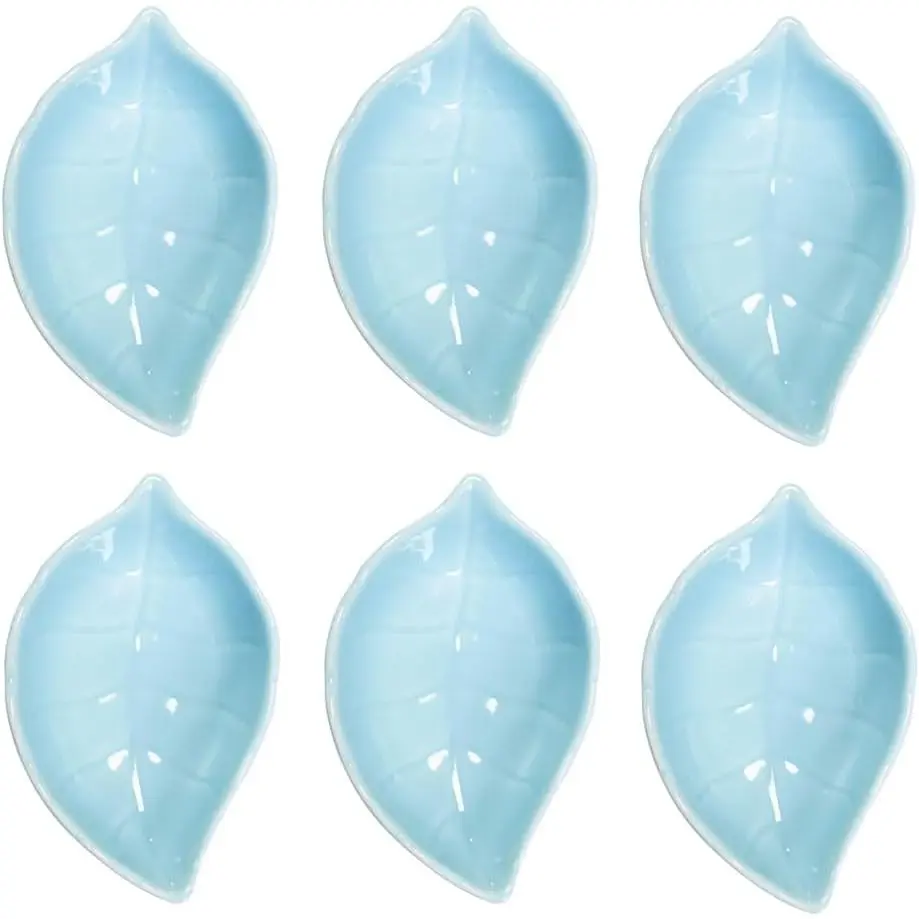 Blue 6 count Leaf Shaped Porcelain Soy Sauce Dish Ceramic Dip Dipping Bowls 2.01 oz for Dinner Baking BBQ and Cooking
