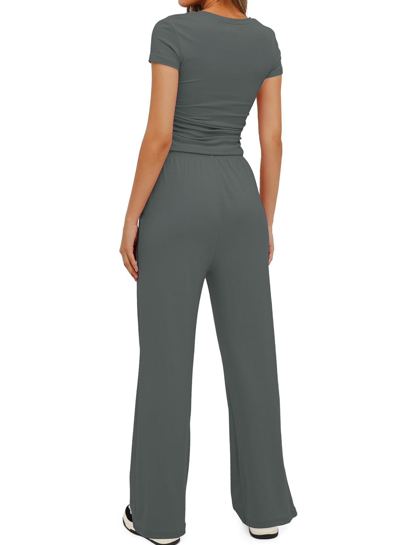 Women's Spring Summer Casual Set, Round Neck Short Sleeve Top & Wide Leg Pants, Slim Fit Home Wear, 2 Piece Comfortable, Casual Fashion Set