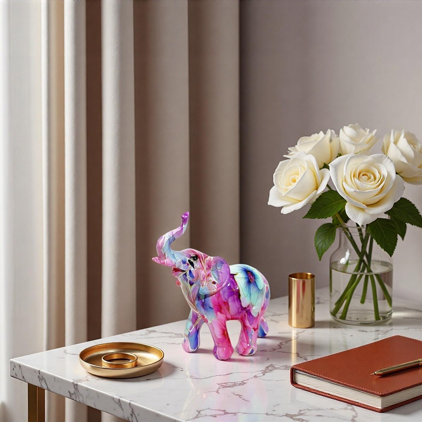 Floral Resin Elephant Figurine, Creative Lucky Elephant Home Decor, Living Room TV Cabinet Decoration, Unique Gift Art Table Ornament