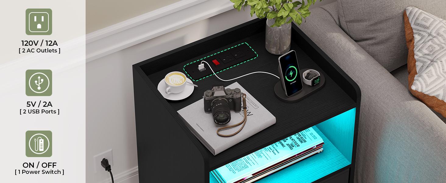 Sikaic Black Nightstands Set of 2 with Charging Station & LED Lights Modern Bedside Tables with 2 Fabric Storage Drawers for Bedroom Furniture