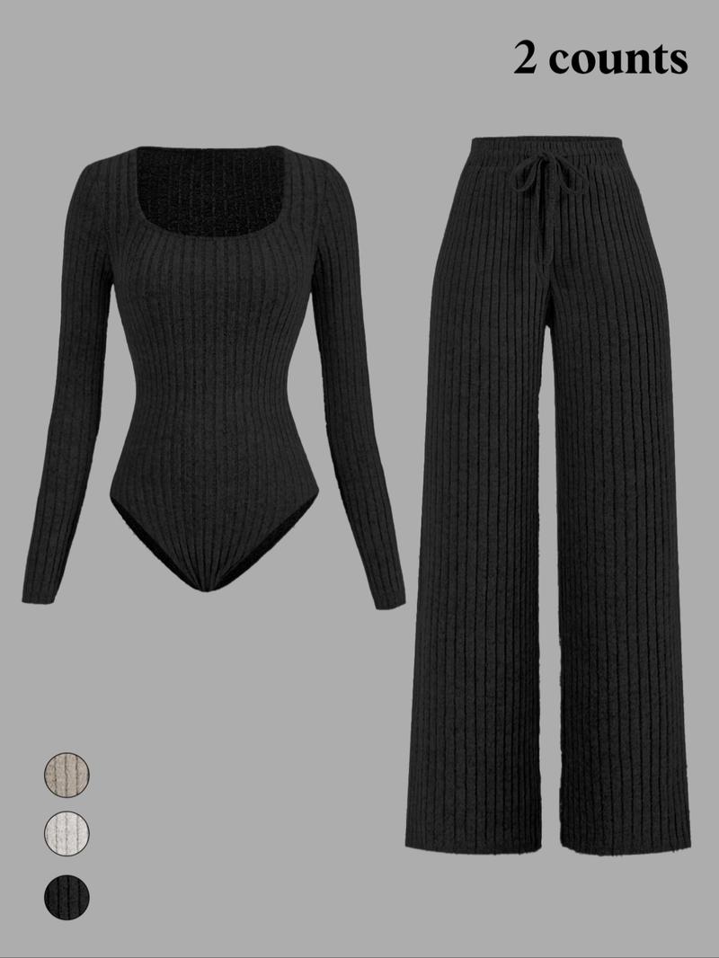 Women's Slim-Fit Solid Color Ribbed Fleece Jumpsuit Set, Wide Leg Pants, Fashionable Comfortable Fabric for Daily Wear