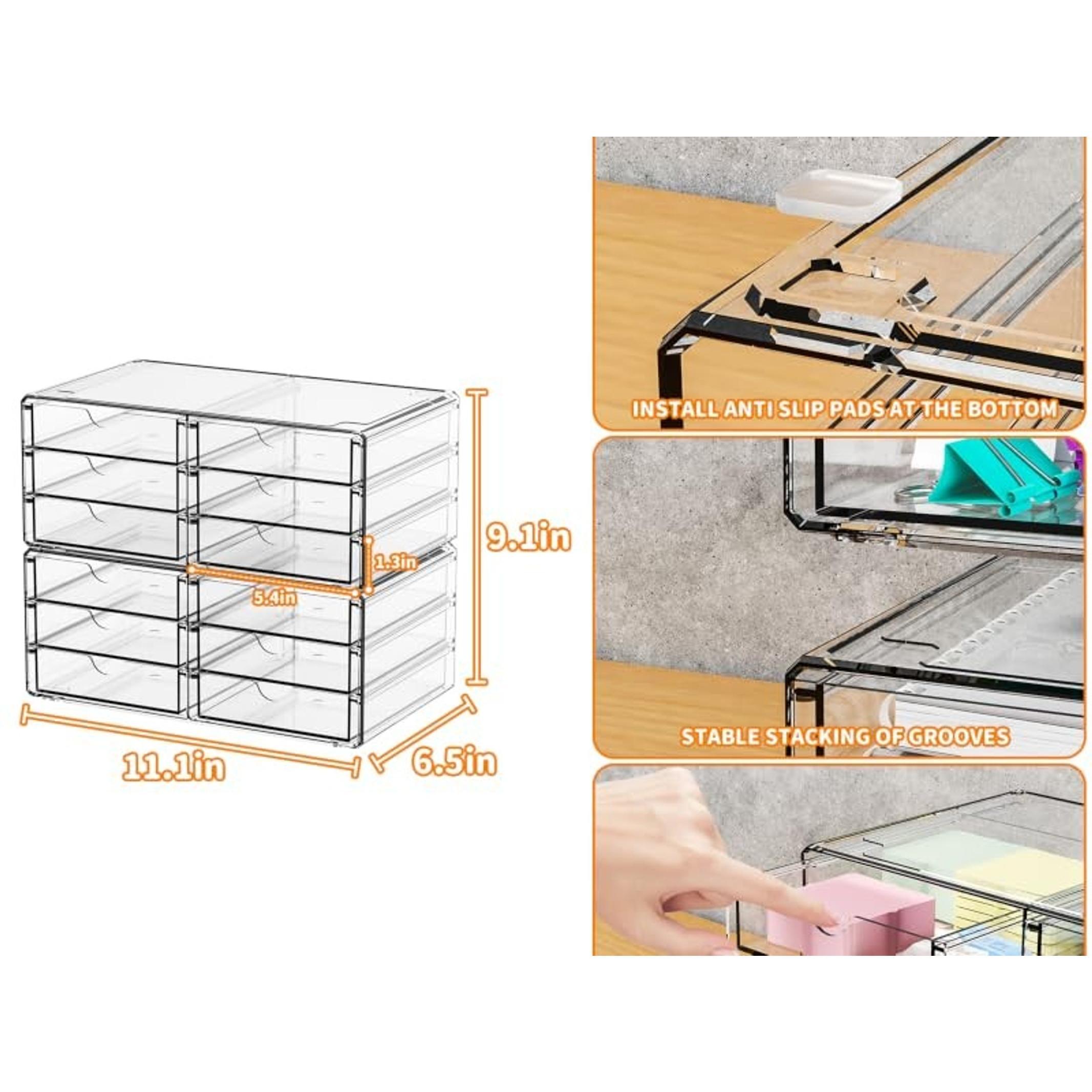 2 Pack Acrylic Storage Drawers with 12 Small Drawers, Stackable Clear Plastic Organizer for Office, Makeup, Craft Supplies, Pens, Stationery, Accessories, DeskGift