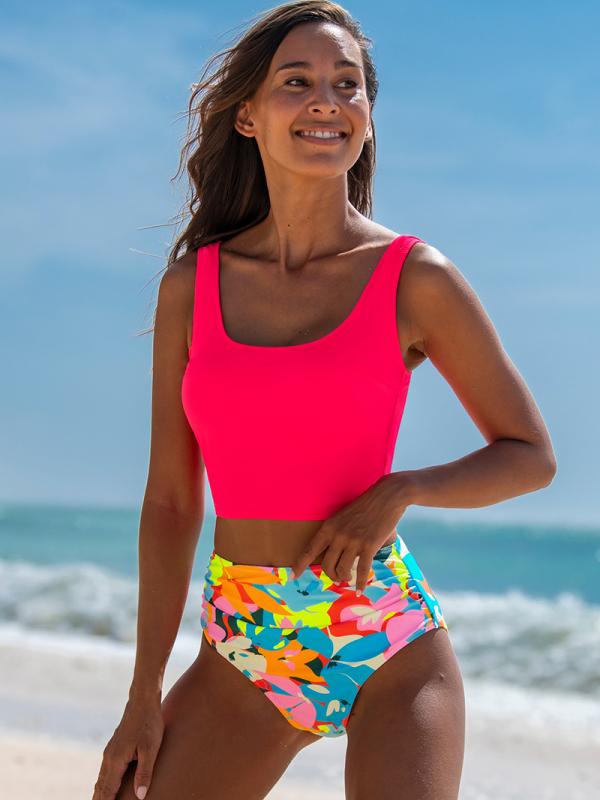 Popvil Back Tie Floral Watermelon Red Tankini Set,U Neck Solid Vest&Tummy Control High Waisted Bikini Bottoms for Women, Neon Bathing Suit,dealsforyoudays