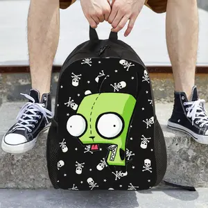 Invader Zim Gir Alien Pattern Backpack - Black and green character design with skull and star patterns, single-layer storage space, soft fabric, suitable for college, everyday use, and weekend outings. A preppy backpack with fun accessories, understated q