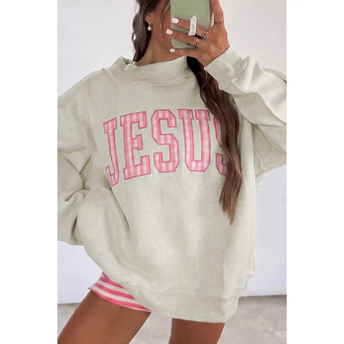 Women's Gray FAITH Embroidered Ribbed Sweatshirt - High Neck Polka Dot Cotton Blend Baggy Long Sleeve Tops for Women, Cozy Winter Clothes，Fall-season style, no fleece lining