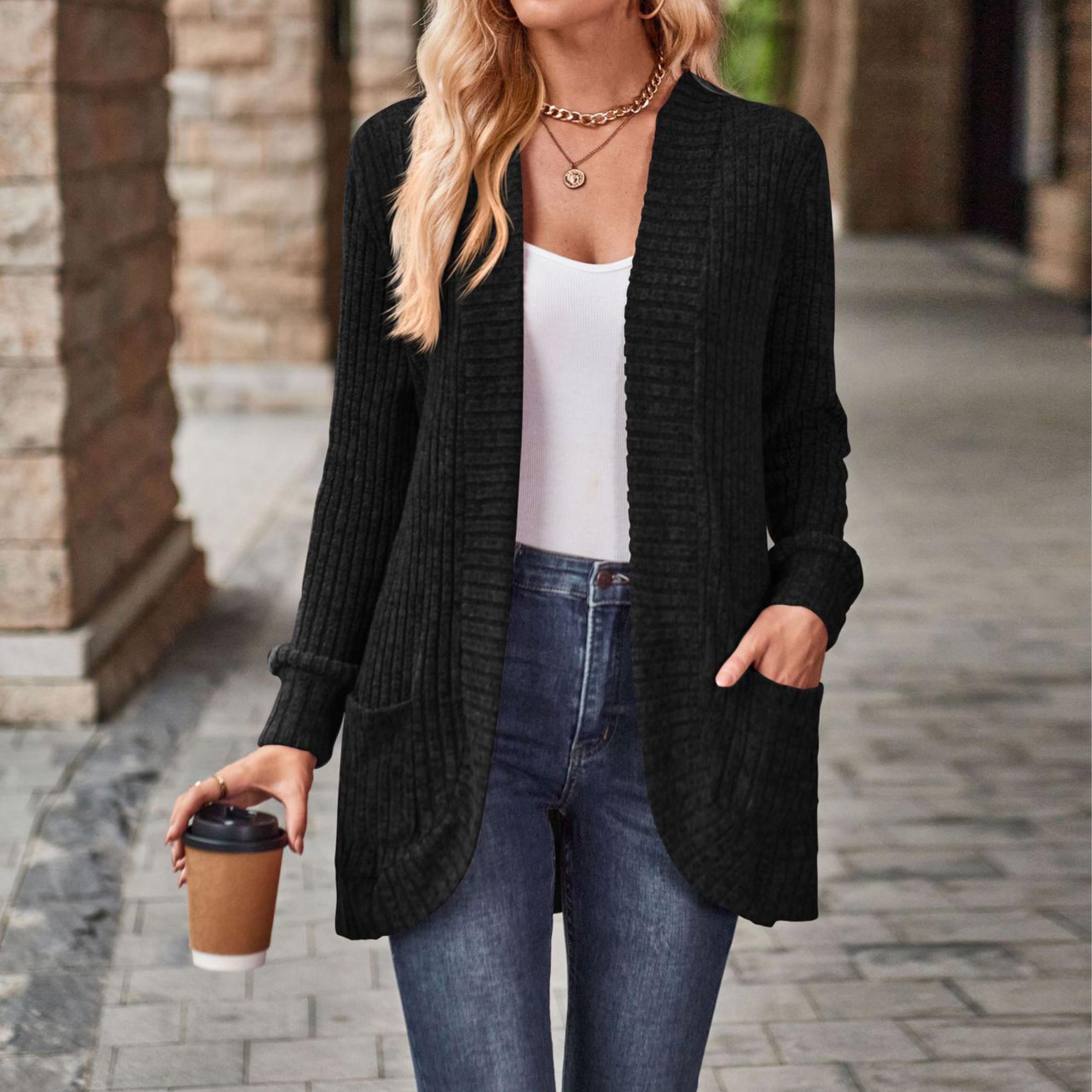 Womens Long Cardigan Lightweight Sweater, Long Sleeve Cardigan Open Front Casual Knit Sweaters with Pockets