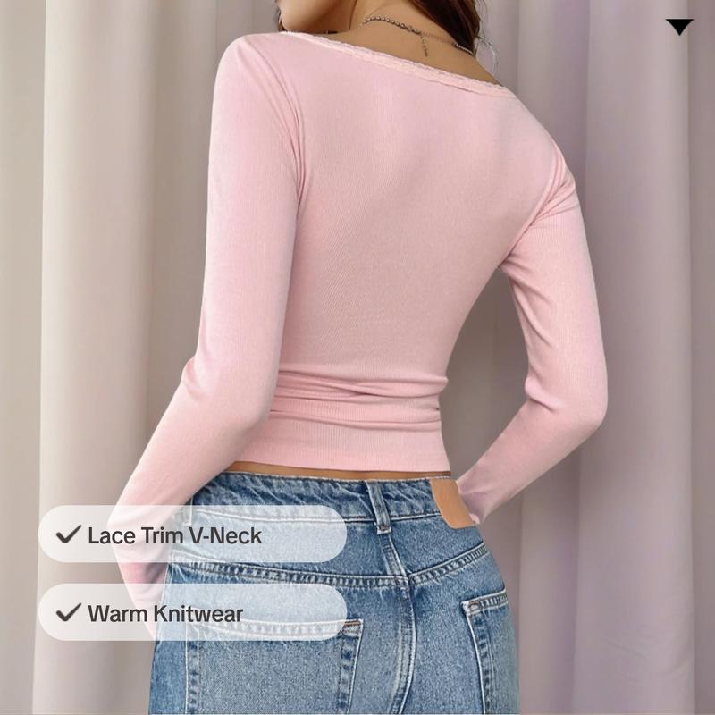 Lace Trim V-Neck Long Sleeve Top, Casual Knitted Striped Sweater, Warm and Versatile for Fall & Winter, Daily Wear, Lace Knit Design Lace Trim V-Neck Long Sleeve Top, Casual Knitted Striped Sweater, Warm and Versatile for Fall & Winter, Daily Wear, Lace Knit Design