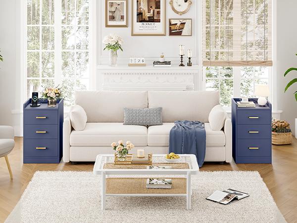 FOTOSOK Nightstands Set of 2 Black Nightstand with Charging Station, 3 Drawer Nightstand with Gold Handles, Side Table for Home Office