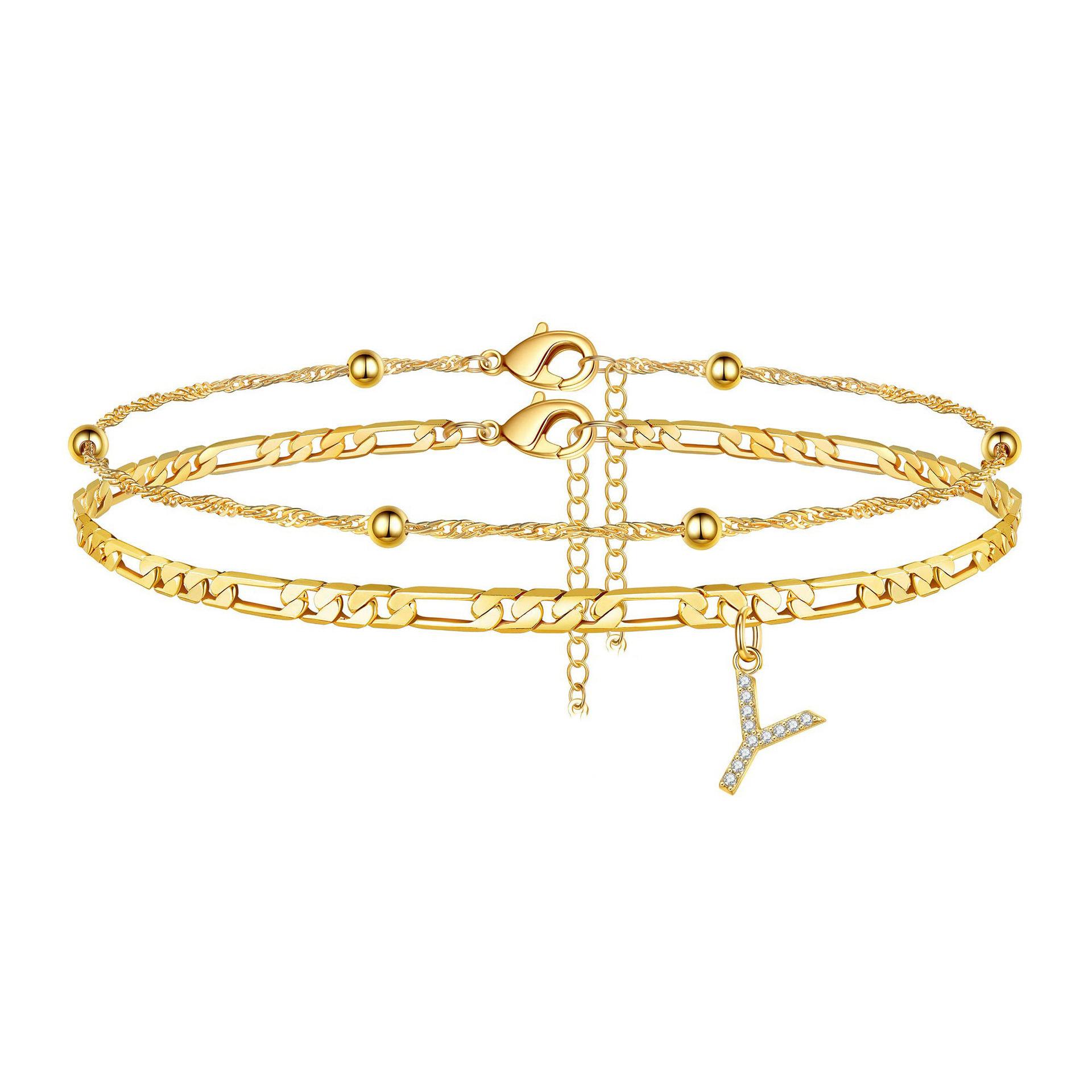 Trending 26-letter micro-inlaid zircon anklet with double-layer Cuban chain and layered beach ankle chain – fashionable and unique foot accessory