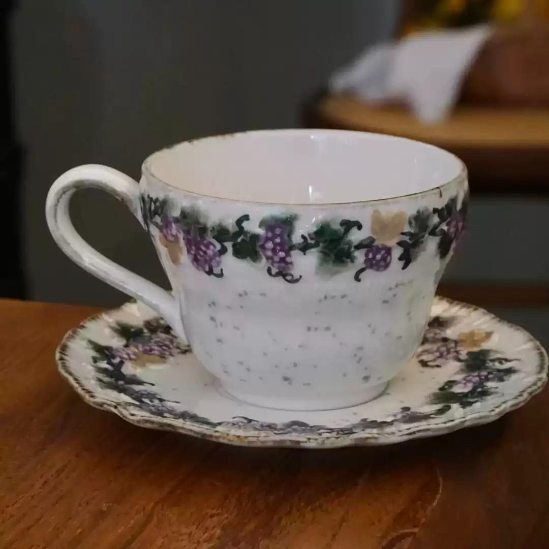 Gift for her Handmade ceramic coffee cup & saucer set  Vintage Romantic 🍇 Embossed Grape Cappuccino cup Set, Glazed Ceramic Breakfast Mug Aesthetic ☕ 🥐 🍰 , Water Cup, Afternoon Tea Coffee mug with saucer  💜