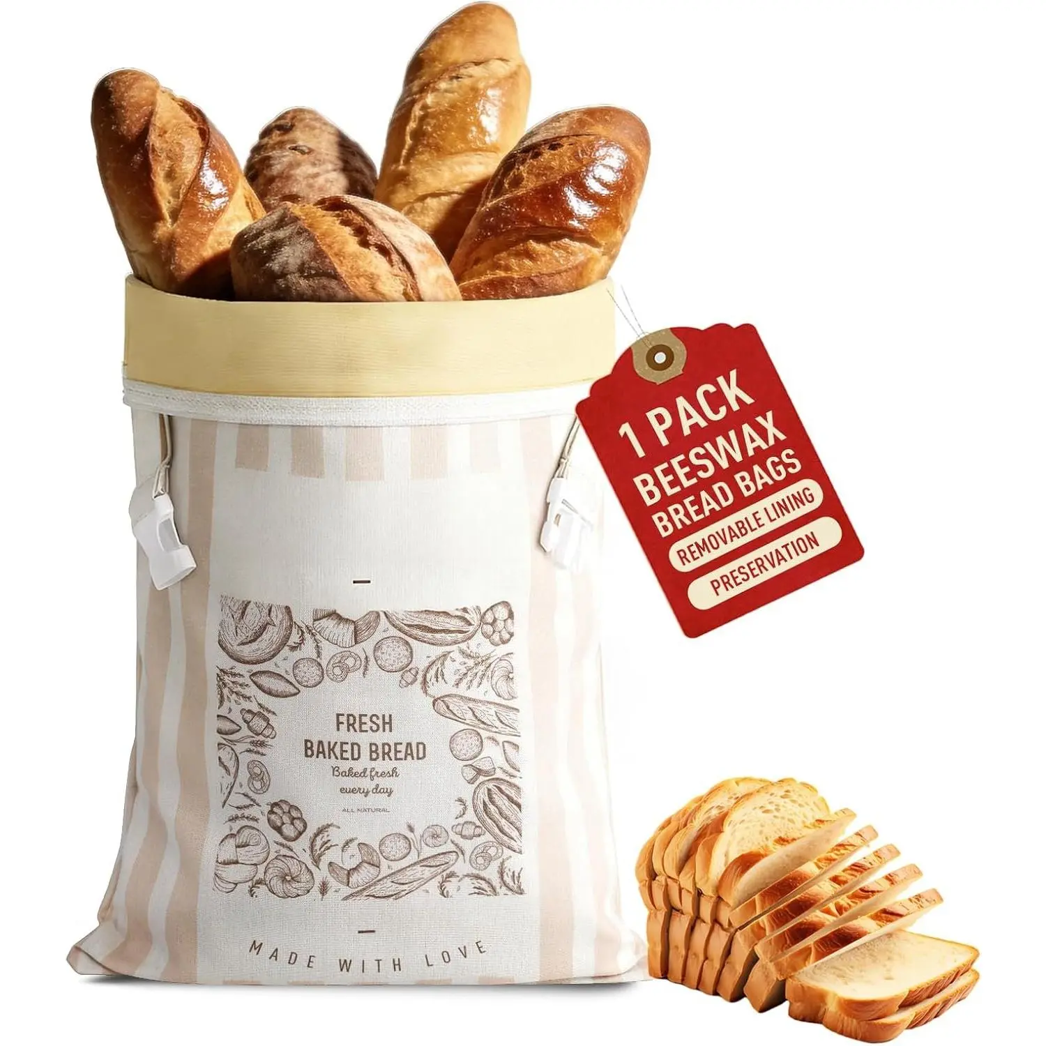 Beeswax Bread Bag - Removable Linen- Sourdough Bags for Homemade Bread, Sealed Zipper for  Sourdough Bags, keeper, Freezer Safe Kitchen Baking Supplies