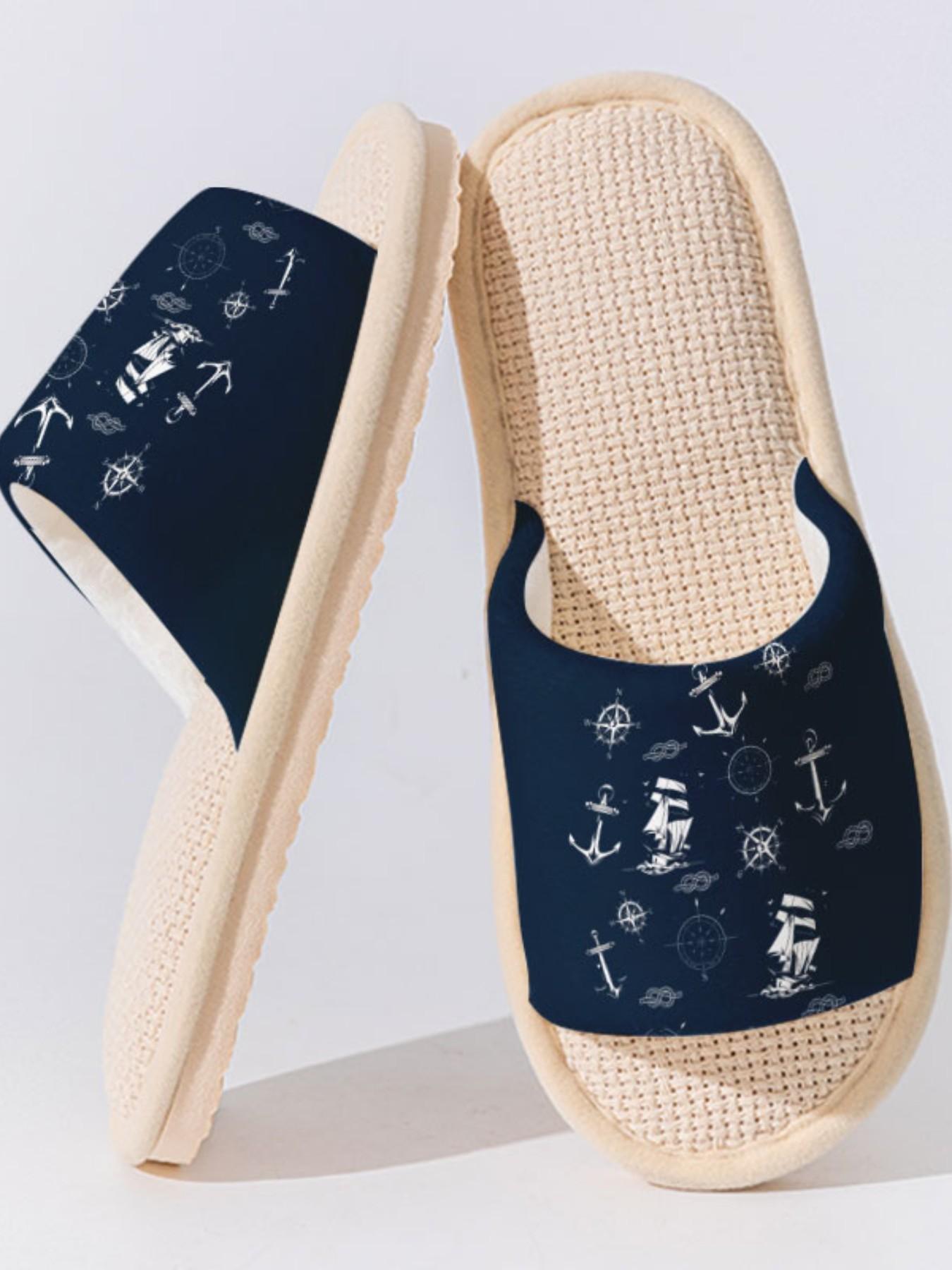 Nautical Compass Linen Slippers, Vintage Nautical Style, Breathable Non-Slip Sole, Bedroom Living Room Daily Wear, Casual Shoes