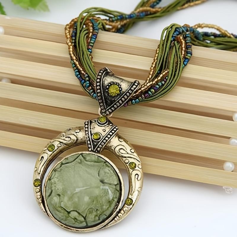 1Pc Elegant Classic Handmade Bohemian Pendant Necklace, Round Faux Gem Alloy Jewelry, Fashion Accessories for Women, Suitable for Party, Festival & All Seasons