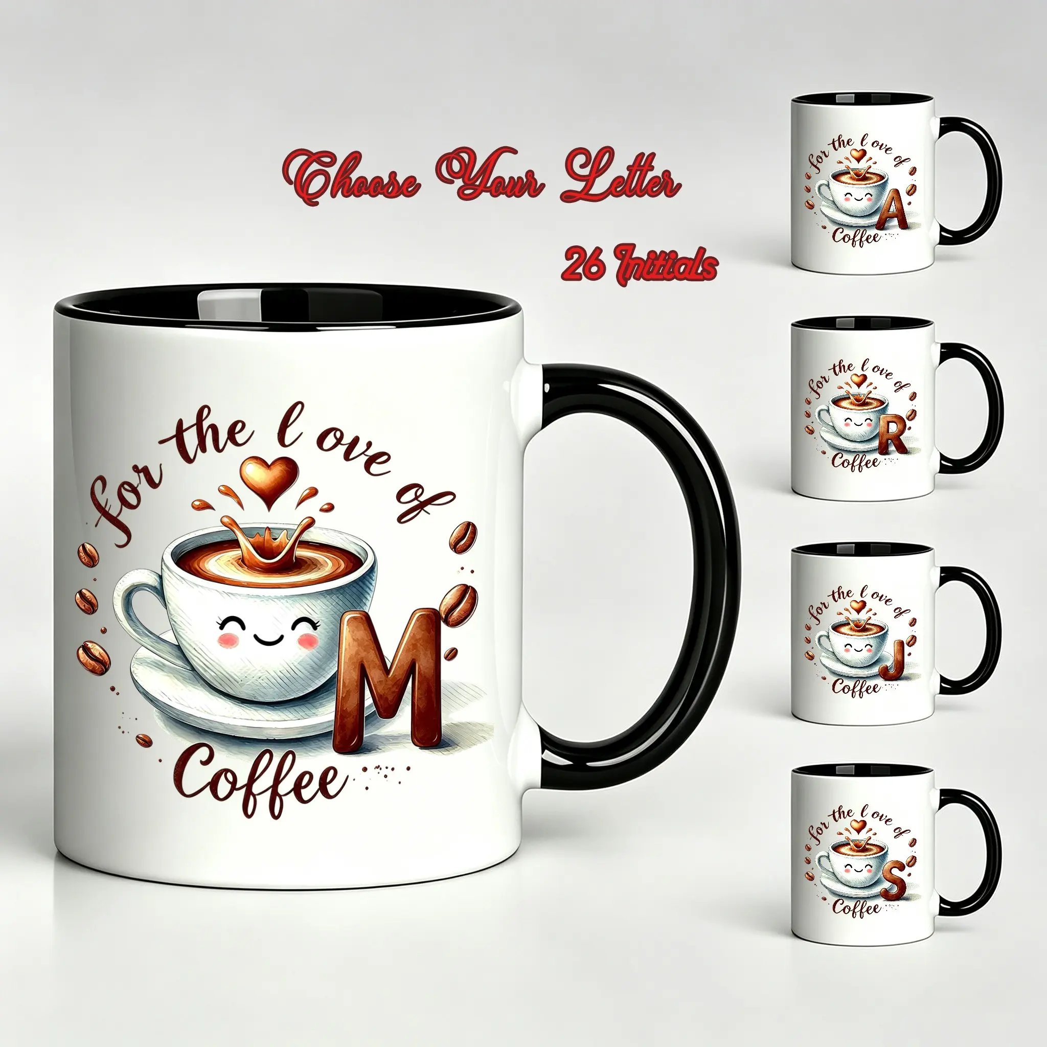 11oz White Black Inner Coffee Mug, For The Love Of Coffee Custom Initial Letter Cup, Personalized Monogram Ceramic Mug, Customized Alphabet A-Z Coffee Cup, Unique Gift For Coffee Lovers Men Women, Microwave & Dishwasher Safe